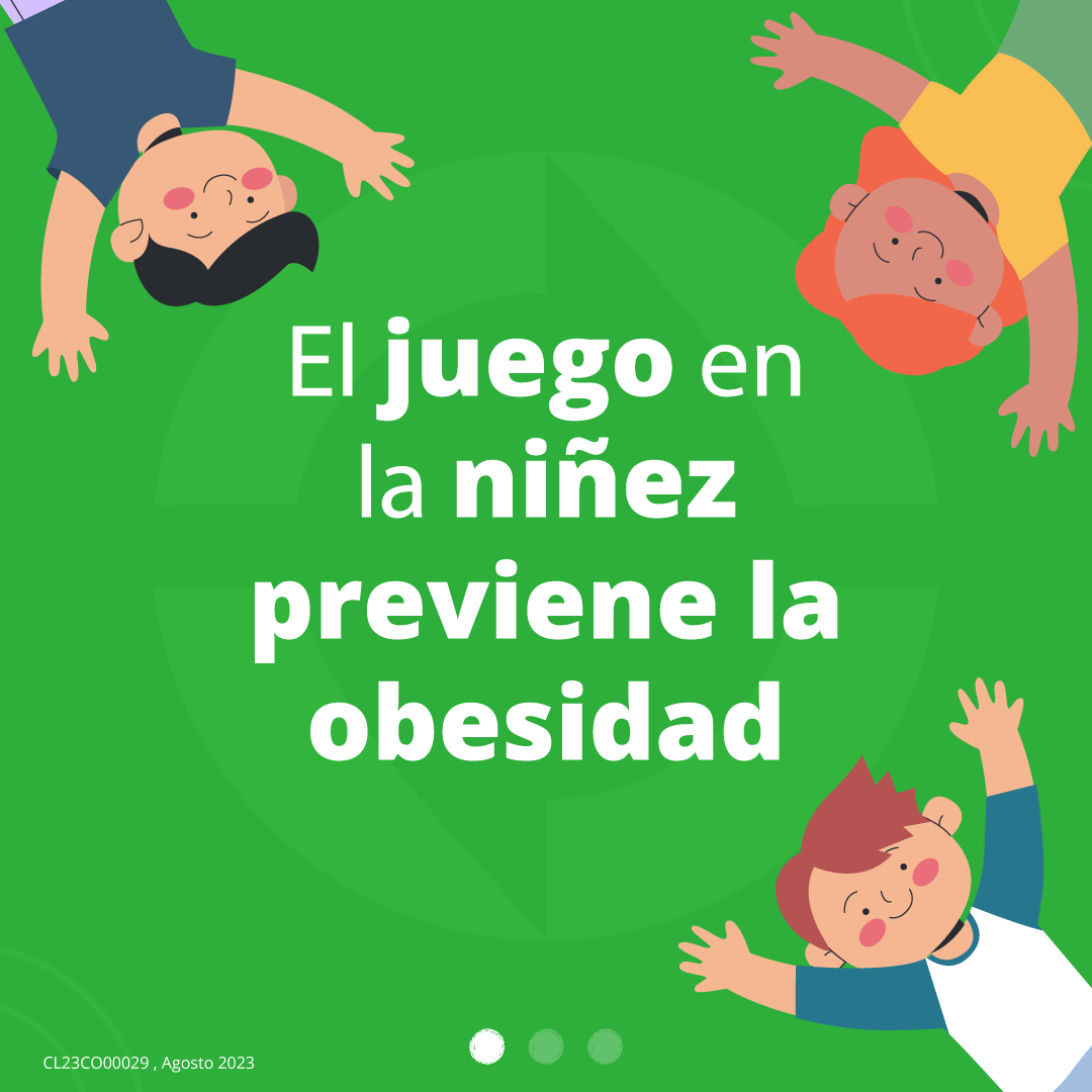 Feed-01-16.08 (1) una ilustración de unos niños y niñas, Texto: El juego en la niñez previene la obesidad