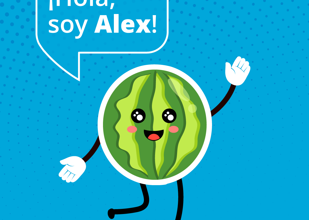 Una sandia humanizada saludando Texto: Hola soy Alex