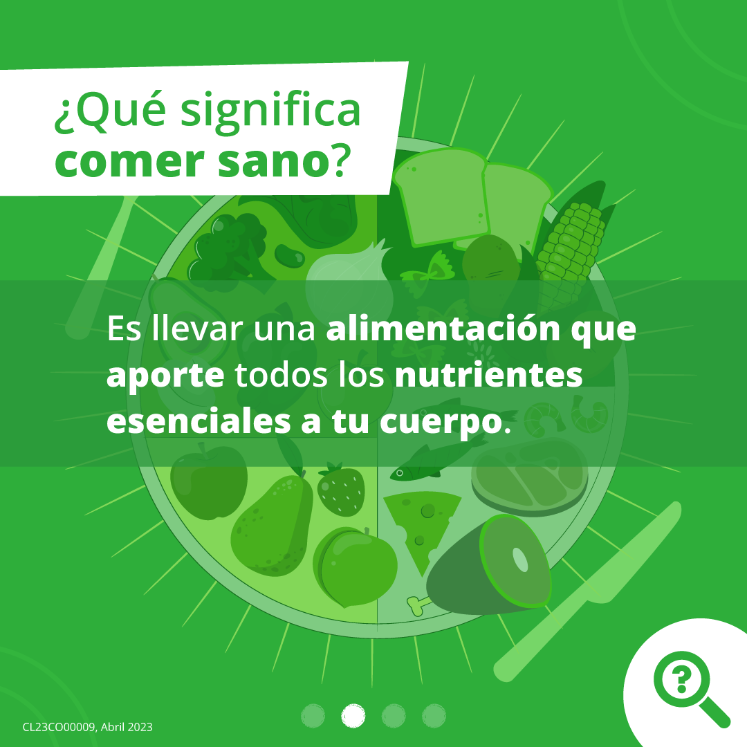 Posteos Que Significa (verde)ai-06 (1) Imagen verde con un plato dividido en 4 mostrando diferentes tipos de comida Texto: ¿Que significa comer sano? Es llevar una alimentación que aporte todos los nutrientes esenciales a tu cuerpo